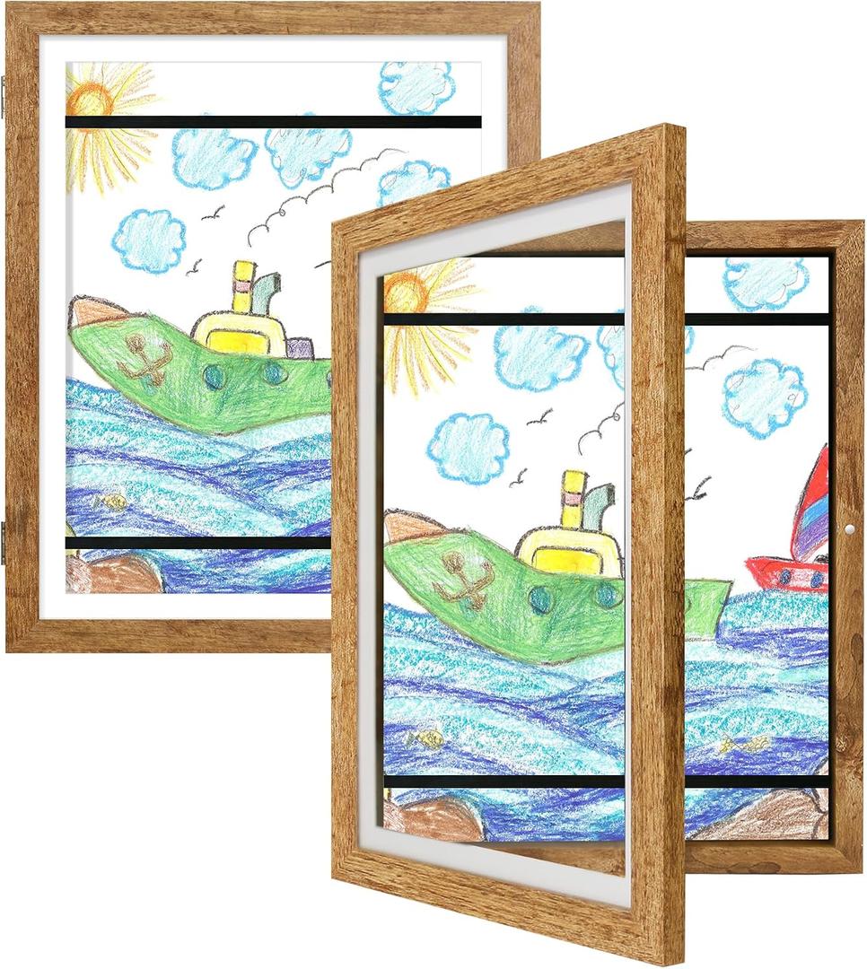 Kids Art Frames 10x12.5 Set of 2 - Front Opening Childrens Picture Frame Changeable, Wood Artwork Display Storage for Wall Mount, Magnetic Door Holds 50 Art Pieces for Drawings, 3D Picture, Crafts, Portfolio, Brown