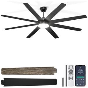 Phylluz 72'' Large Ceiling Fans with Lights, Modern Black Ceiling Fan Remote/APP Control, Dimmable, Quiet DC Motor Big Ceiling Fan for Indoor/Covered Outdoor