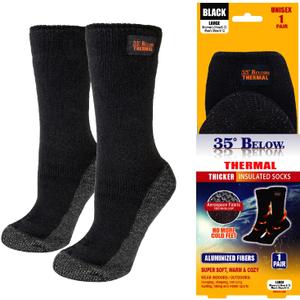 35 BELOW Thermal Insulated 1 or 3 Pk Socks for Men and Women, Designed with Soft Aluminized Loops to Keep Feet Warm and Cozy (Large, 1 Pair (Black))