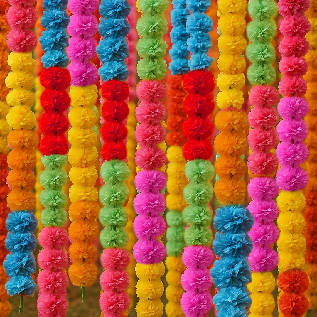 XunYee 10 Pcs 5 ft Marigold Garland for Decoration Long Strands Marigolds Flowers Makar Sankranti Decorations Lohri Party for Home Indian Wedding Decor Fiesta Puja Pooja Temple (Colorful)