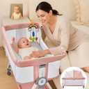 4-in-1 Baby Bassinets Bedside Sleeper, Bedside Bassinet with Wheels, 6-Height Adjustable Bassinet with Soft Mattress, Mosquito Net, Soothing Toy for Newborns & Infants(Pink), Crib