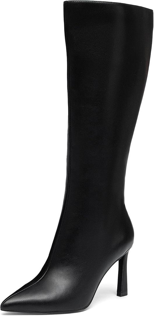 NEWBELLA Pointed Toe Knee High Boots for Women, Flared Heel, Stretch Suede, Tall Boot for Work, Party, Casual Wear (Black)