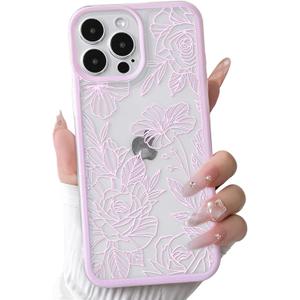NITITOP Compatible with iPhone 13 Pro Max Case Clear Cute Line Rose Flower Floral Pattern for Women Girls Color Frame Slim Shockproof Protective Phone Cover - Pink