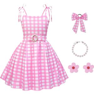 Girls Pink & White Gingham Costume Dress with Accessories, 4-10Y (Pink)