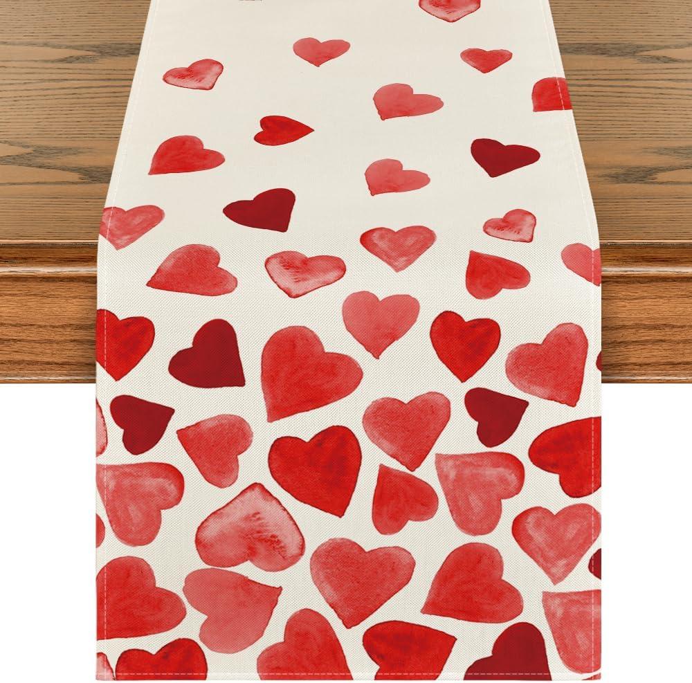 Artoid Mode Red Heart Table Runner, Seasonal Anniversary Wedding Kitchen Dining Table Decoration for Home Party Decor 13x90 Inch