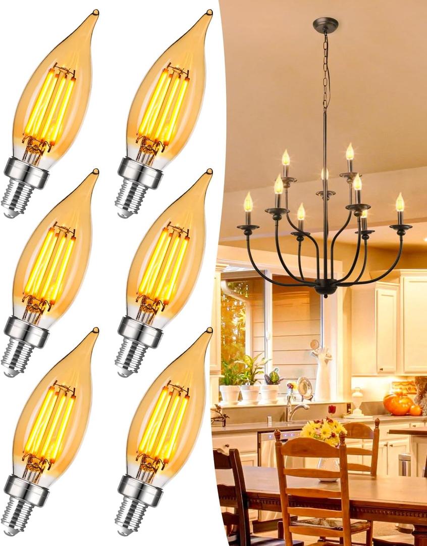 OMED E12 Candelabra LED Light Bulbs 100W Equivalent, 2200K Soft Yellow, Dimmable LED Chandelier Light Bulbs, 7W 1000 Lumen Amber Candle Light Bulb for Living Room, 6 Pack