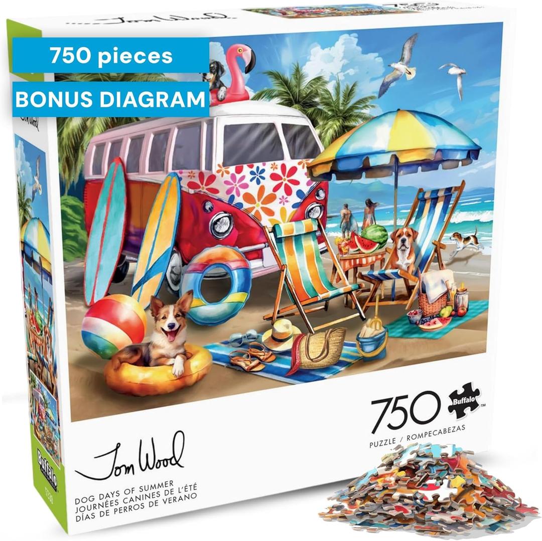 Buffalo Games – Dog Days of Summer by Tom Wood 750 Piece Jigsaw Puzzle for Adults – Precision-Cut Pieces, Beautiful Artwork, and Hours of Relaxing Fun - Relaxing Beach Day with The Family Pet