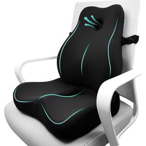 Seat Cushion & Lumbar Support Pillow Set,Memory Foam Office Chair Cushion for Tailbone Pain, Non-Slip Back Support for Car,Desk,Gaming Chair,Wheelchair, Breathable & Machine Washable (Black)