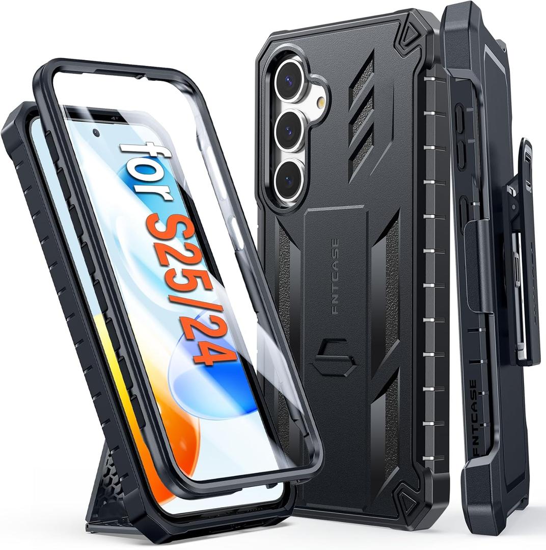 FNTCASE for Samsung Galaxy S25 Case: Military Grade Rugged Cell Phone Cover with Kickstand & Belt Clip Holster | Shockproof TPU Protection Bumper Design for Galaxy S24 Cases 6.2 inch - Black