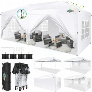COBIZI 10x20 Pop Up Canopy Tent with 6 Removable Sidewalls,Waterproof & UV 50+ Easy Up Canopy,Commercial Gazebo with Air Vent,4 Sand Bags,4 Stakes & 8 Ropes,Tents for Parties/Camping/Backyard,White