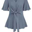 SCOMCHIC 2024 Women's Plus Size Peplum Tops Elegant V Neck Tie Front Bell Sleeve Flowy Blouses Shirts Grayish Blue 3XL