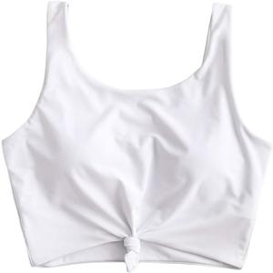 ZAFUL Women's Front Knot Bikini Tops Crop Tankini Top Scoop Neck Padded Bathing Suit Tops (Medium, White-top Only)
