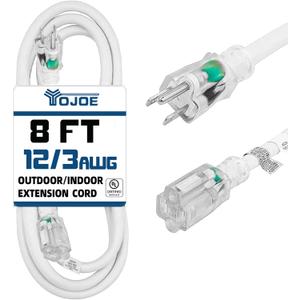 YOJOE Indoor Outdoor Extension Cord with Lighted End, 3 Prong 15A Weatherproof Power Cord, 12 Gauge Heavy Duty 8 ft White Extension Cord for Garage, Garden and Home, 12/3 SJTW UL Listed