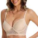 Low Cut Lace Backless Underwire Padded Push Up Plunge Bra Comfort Lowback Bralette Convertible Strap(Beige,36D)
