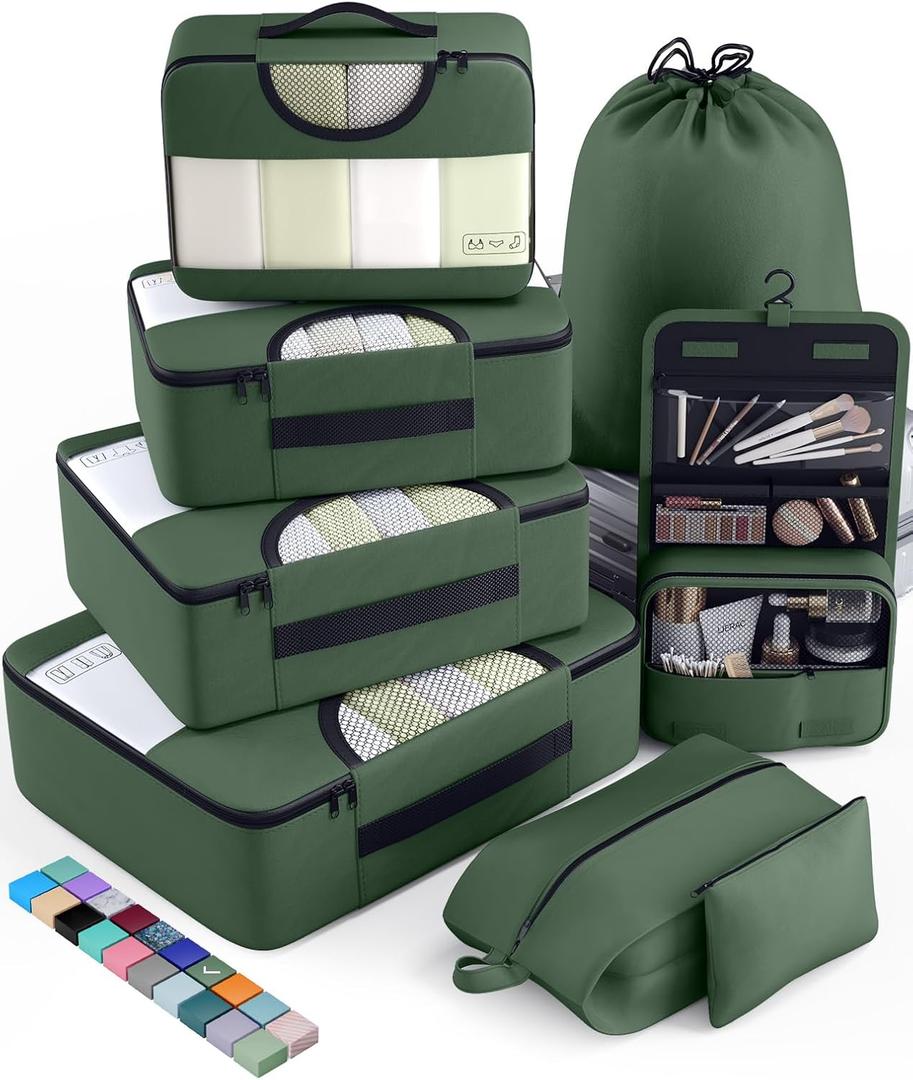 2 x Veken 8 Set Packing Cubes for Travel Essentials, Suitcase Organizer Bags in 4 Sizes, Carry-On Luggage Accessories with Large Laundry & Hanging Toiletry Bag, Must-Have for Airplane, Road Trip & Camping (09-Olive Green)