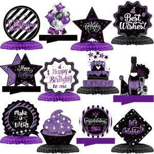 Clabby 12 Pcs Purple Black Birthday Decorations Purple Happy Birthday Table Centerpieces Honeycomb Cute Table Top for Women Men Photo Best Wishes Anniversary Party Supplies 20th 30th 40th 50th 60th