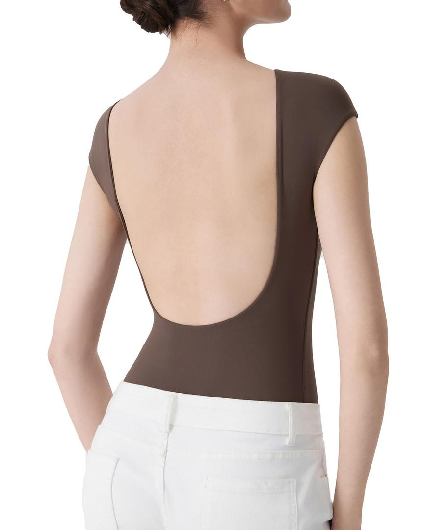 SUUKSESS Women Backless Y2k Short Sleeve Bodysuit Double Lined Boat Neck Open Back Sexy Basic Top (Mocha, M)