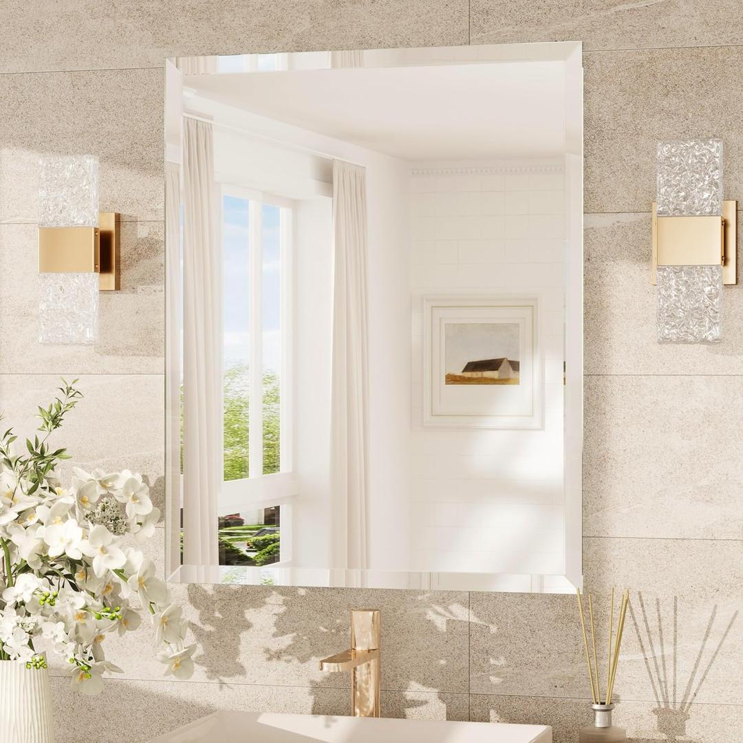 TokeShimi 24x30 Frameless Bathroom Mirror for Over Sink, Tempered Beveled Wall Mirror with 1" Beveled Edge, Shatterproof Rectangle Mirrored for Vanity, Living Room, Entryway, Restroom