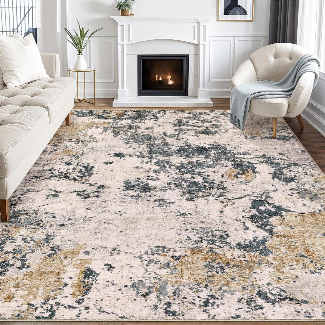 Area Rugs for Living Room: 10x14 Abstract Washable Rug Large Soft Stain Resistant Non-Slip Backing for Bedroom Dining Room Indoor Home Office Carpet for Kids Pet Friendly Families - Grey Gold