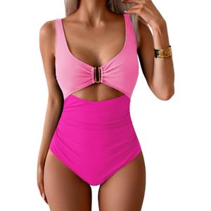 Eomenie Women's One Piece Swimsuit Tummy Control Ruched Bathing Suit Cutout V Neck Swimwear High Cut Tie Back Swim Suit (Pink, L)