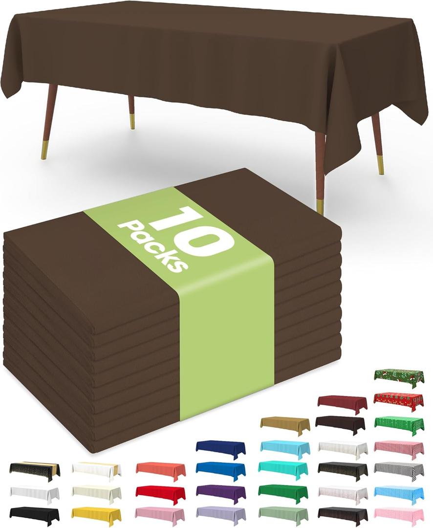 Pureegg Plastic Table Cloth Disposable 10 Pack, 54 x 108 Inch Table Cloths, Party, Thanksgiving Decorations, Harvest, Fall Tablecloths, Rectangle, Plastic Cover, Leakproof & Sturdy, Brown