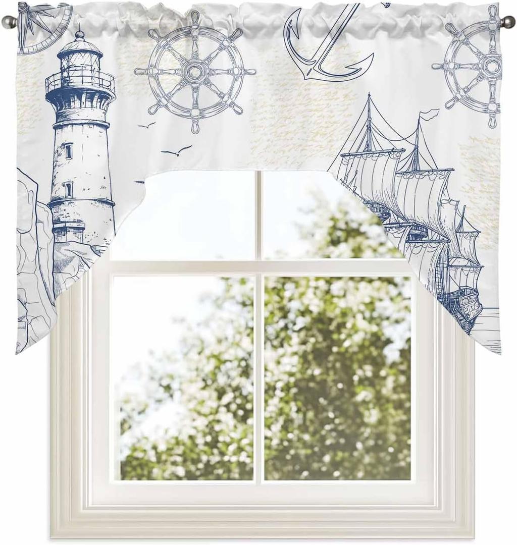 Jolunifun Retro LightHouse Swag Valance Kitchen Curtains, Rod Pocket Valance Curtain Panels for Bedroom Living Room Bathroom Cafe Windows, Blue Ocean Coastal Nautical Anchor 56''x36''