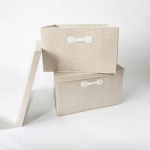 Large Fabric Storage Boxes, 2-pack, with Lids; 18-inch; Collapsible; Heavy Duty; Gray, Beige, Pink, Teal; Decorative Bin; for Closets, Toys, Blankets, Linens, Towels, Clothing (Beige)