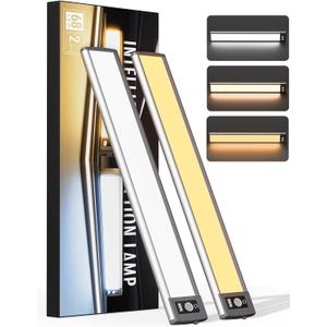 Under Cabinet Lighting with LED Numeric Display,3 Color Temps&Dimmable lights, Under counter lights for kitchen with 68 LED, Wireless Motion Sensor Light indoor, Stick-On Magnetic Closet Light(2 Pack) (10 inches, silvery)