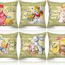 FuWeave Set of 6 Easter Pillow Covers 18x18 Vintage Easter Bunny Egg Throw Pillows Cases Easter Rustic Spring Country Holiday Square Pillowcase