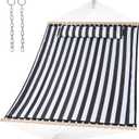 SUNCREAT Double Quilted Hammock with Hardwood Spreader Bar, Extra Large Soft Pillow, Heavy Duty 2 Person Hammock for Indoor, Outdoor, Black Stripes