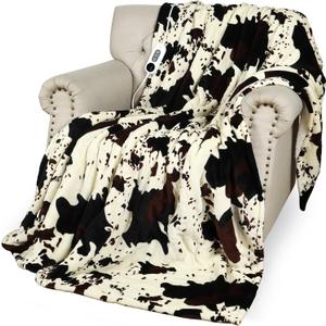 Cow Print Heated Blanket, 90"x90" Queen Size Electric Blanket Dual Control, Cozy Soft Flannel Sherpa Heating Blankets with 9 Heat Levels & 2/4/8/12H Auto-Off