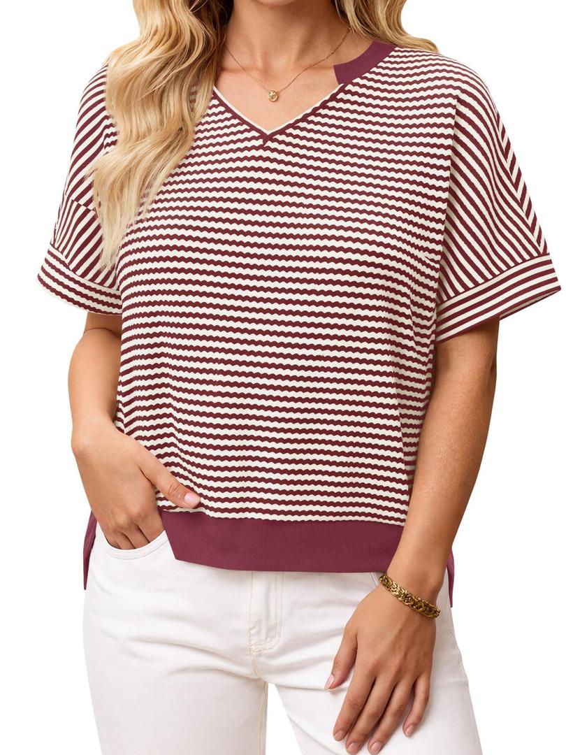 Fisoew Womens Short Sleeve Sweater Summer V Neck Striped Pullover Tops Casual High Low Loose Slit Cropped T Shirts Red (S)