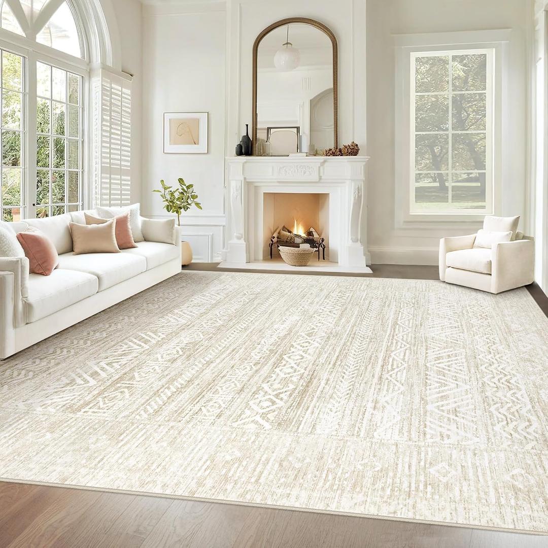 Living Room Rugs 10x14: Washable Moroccan Geometric Boho Rug Farmhouse Non Slip Stain Resistant Large Rug Low Pile Soft Carpet for Bedroom Dining Room Kids Room (Ivory Beige,10'x14')