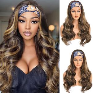 Colorful Queen Honey Blonde Highlight Headband Wig Ombre Brown Body Wave Headband Wigs for Black Women Brown Mix Blonde Colored Long Wavy Wig with Headband 26 Inch F4/27