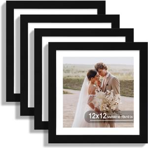 Hongkee 12x12 Picture Frame Set of 4 - Made of Glass and Black Wooden Frame, Display Square Pictures 10x10 with Mat or 12 x 12 without Mat, Desktop & Wall Collage Photo Frame, 12x12 in