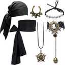Pirate Costume Accessories - 6 Piece Set with Head Scarf, Sash, Bracelet, Necklace, Fake Nose Rings & Hair Beads (Black)