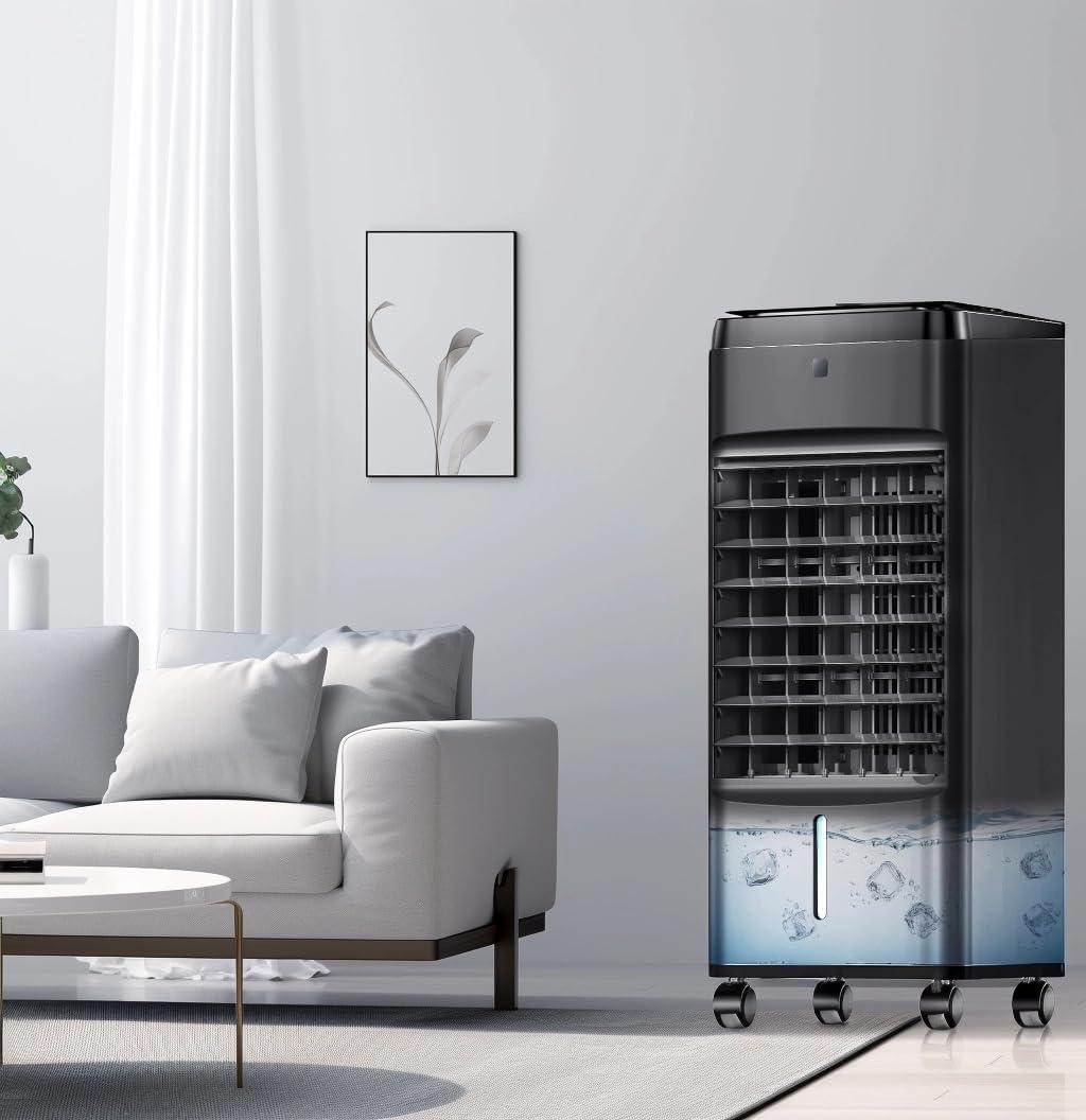 NOMEY Evaporative Air Cooler, 3-IN-1 Air Conditioner Portable for Room w/ 4 Modes & 3 Speed, 12H Timer, 1 Gal Detachable Water Tank, 4 Ice Packs, Remote, 70 Oscillation Air Cooler for Bedroom Indoor
