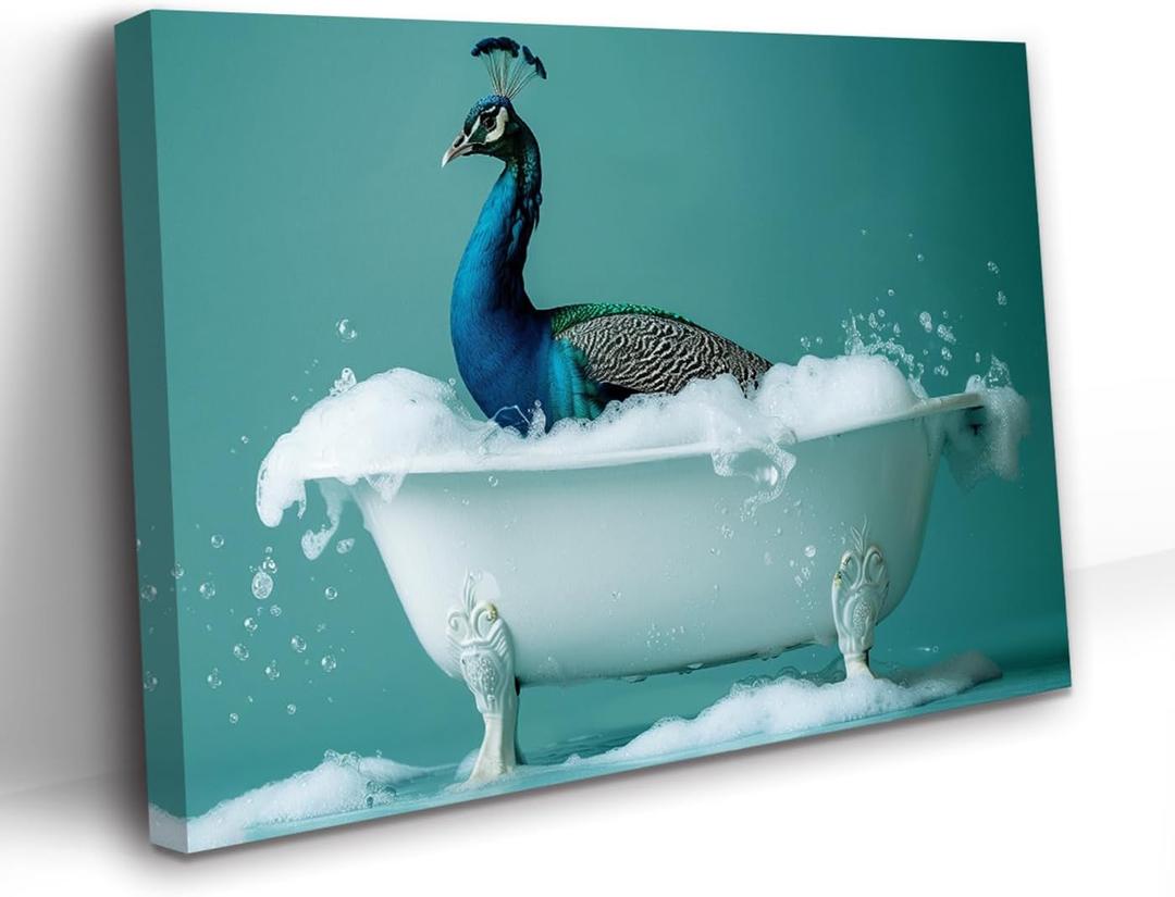 PBXBJY Animal Bathroom Wall Art Peacock in the Bathtub Canvas Pictures Funny Animals Painting Print Modern Toilet Decor Frame (16.00" x 24.00")