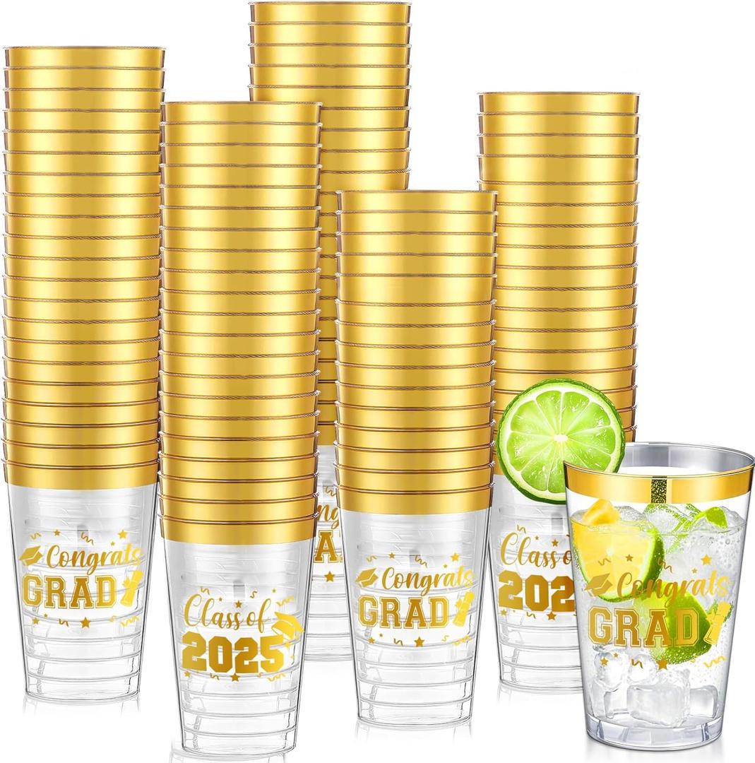 Funnymoom 100 Pcs Graduation Cups 2026 Disposable Gold Rimmed Clear Plastic Cups 12 oz Class of 2026 Congrats Grad Decorations for Party Drinks Graduation Themed Plastic Cocktail Supplies
