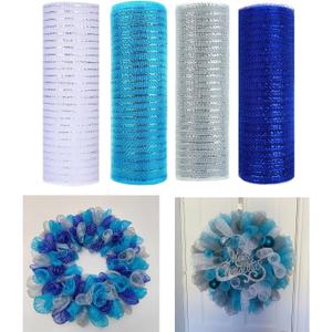 4 Rolls Deco Mesh Ribbon for Chirstmas Wreath Making Supplies, 10Inch x 30Ft Metallic Burlap Mesh Blue Silve White Deco Mesh Rolls for Christmas Summer Blue Wedding Crafts Wreaths Decor (Style 05)
