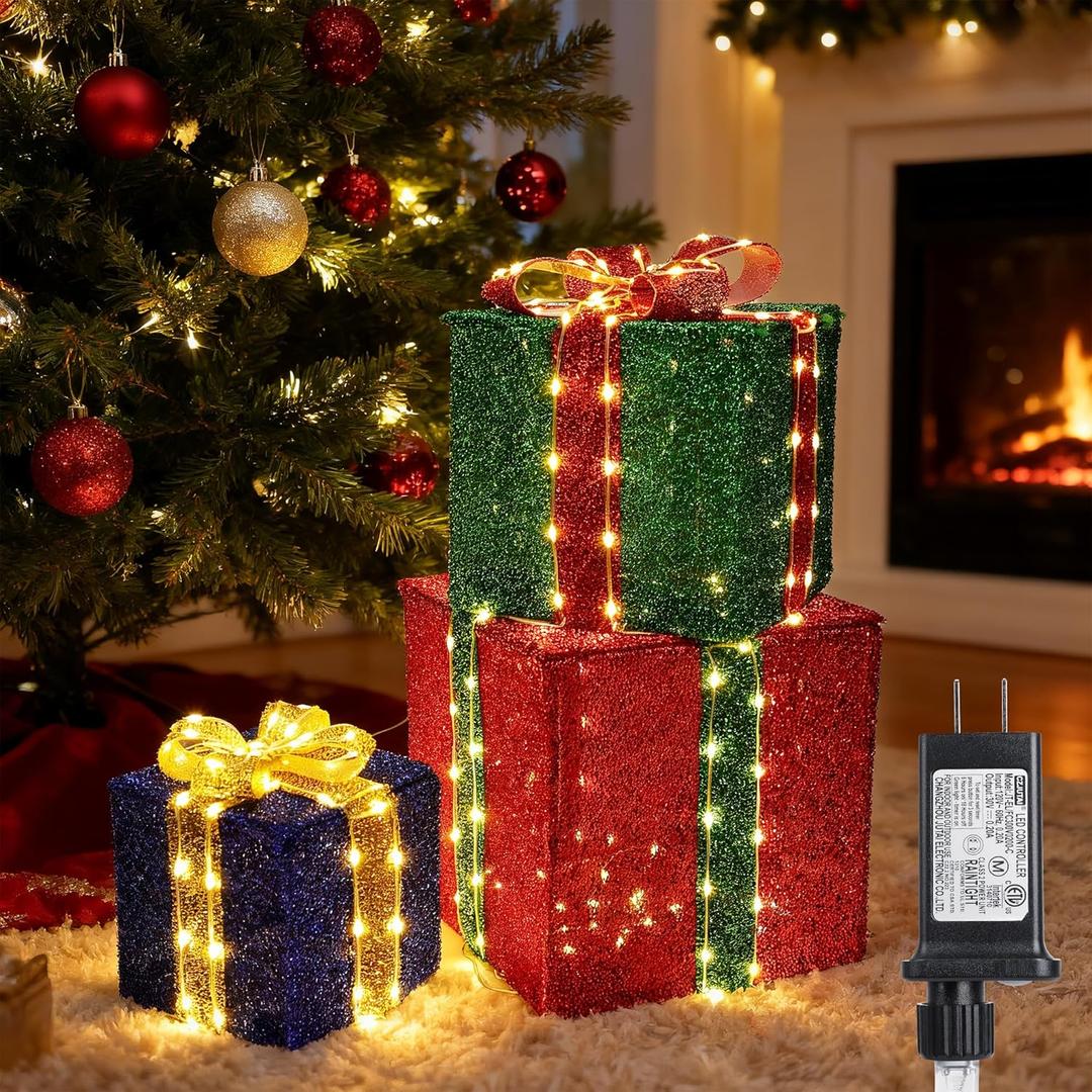 Set of 3 Christmas Lighted Gift Boxes - Pre lit Presents Christmas Boxes with Different Sizes for Holiday Indoor Outdoor Decoration (Warm White, Small)