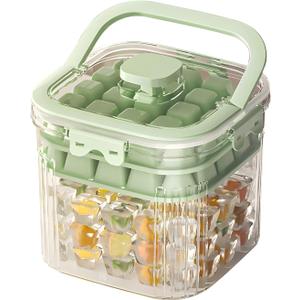 Portable Ice Bucket with 2 Ice Packs - One Click Release, Double-Layer Trays (48 Cubes), 100+ Storage, Compact Handheld for DIY Drinks, Baby Food, Parties & Outdoor Use (Light Grass Green)