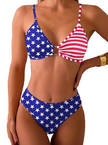 Tainehs Women's Two Piece Bikini Sets O Ring Front Top Ditsy Floral Triangle Swimsuits Cheeky Bathing Suit American Flag XL