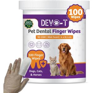 DEVO-T 100% Natural Dog Teeth Cleaning Wipes Mint Scented | 100 Count | Pet Teeth Cleaning Finger Wipes for Dogs, Cats & Horses | Remove Bad Breath, Plaque & Tartar Buildup | Dog Dental Wipes Finger