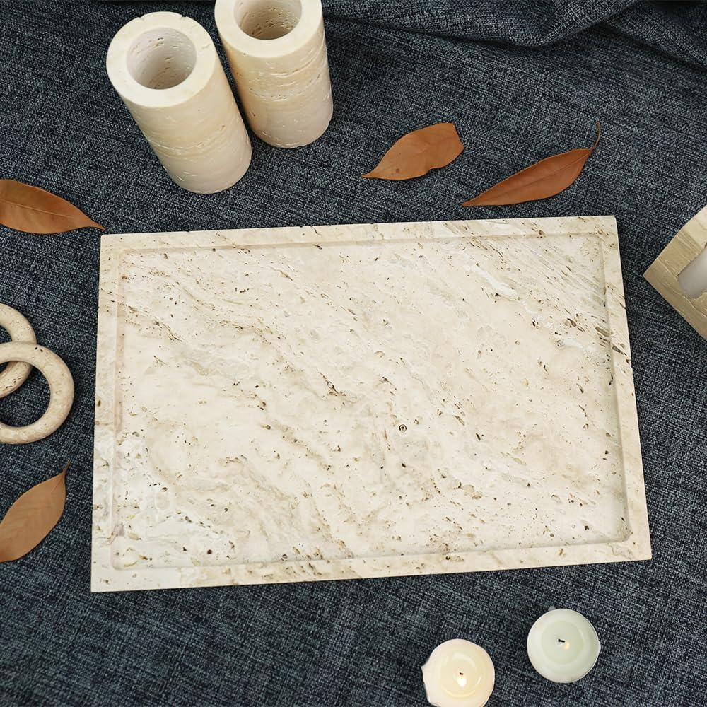 Natural Travertine Marble Luxury Tray,12 x 8 inch for Kitchen Sink,Bathroom Soap Bottles,Makeup,Towel Organizer Tray