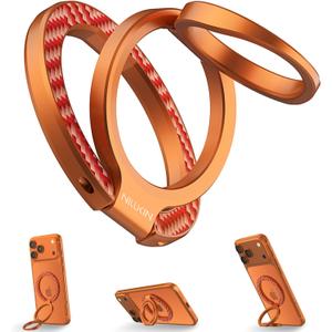 Nillkin Magsafe Phone Ring Holder Magnetic Grip Stand, Double Sided Magnets Kickstand, Upgraded Carbon Fiber Finger Holder, Accessories Compatible with iPhone 17 16 Pro Max Google Pixel 10 (Orange)