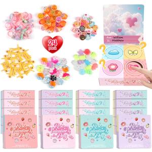 Valentines Day Gifts for Kids: 24 Pack Unique 4-in-1 Blind Box Sets Valentines Gift Card with Mochi Squishy Toys, Mini Kawaii Little Items for Girls Boys Classroom School Exchange Prize Party Favors