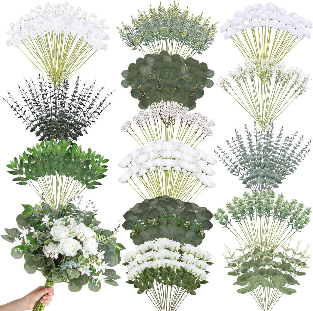 Thiccywoov 250 Pcs Artificial Eucalyptus Leaves Stem Bulk Fake Greenery Faux UV Resistant Sprays Silver Dollar Eucalyptus for DIY Wedding Bouquet Vase Floral Arrangement Decor(White, Green,15 Kinds)
