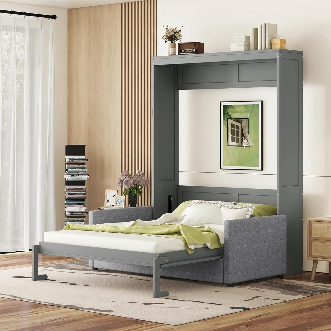 Ball & Cast Queen Size Murphy Bed,Murphy Bed Cabinet W/Sofa & Top Shelf,No Box Spring Needed,Hideaway Wall Bed for Bedroom,Home Office,Apartment,Gray