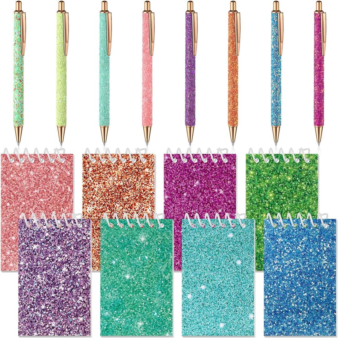 Sherr 16 Pcs Glitter Pens and Notebooks Set Mini Spiral Notepads Fancy Pens for Kids Girls Women Sparkly Sequins Journaling Ballpoint Christmas Birthday Gift Classroom Rewards